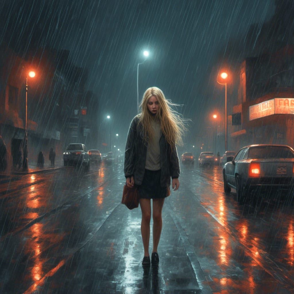 Young Woman's Fear of Crossing Street in Rain