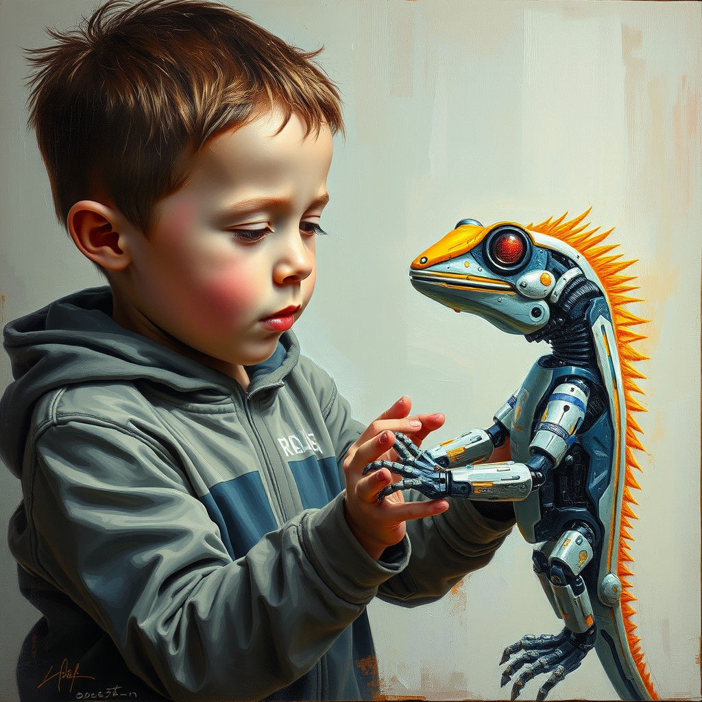 Futuristic Robot Iguana Toy as Impasto Painting