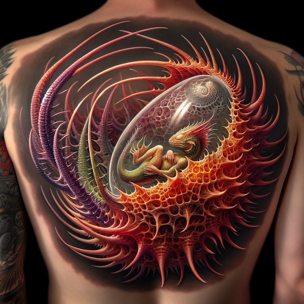 Dragon Embryo Tattoo: Intricate Maximalist Design