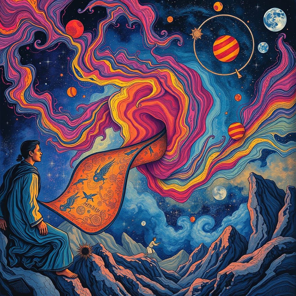 Vibrant Pattachitra Scrolls with Cosmic Nano-Ink Illustratio...