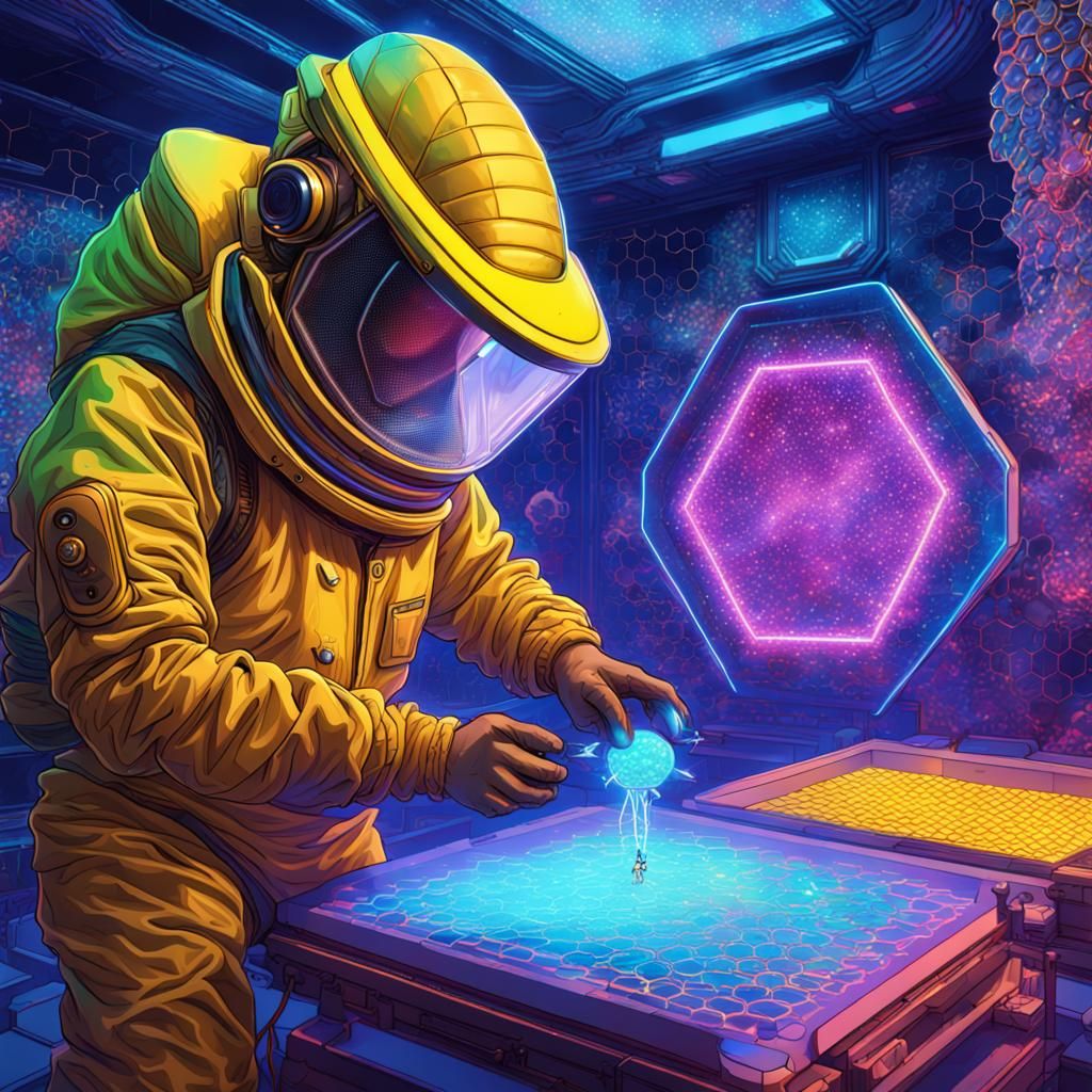 Futuristic Beekeeper and Nanobot Bees in Astral Illustration