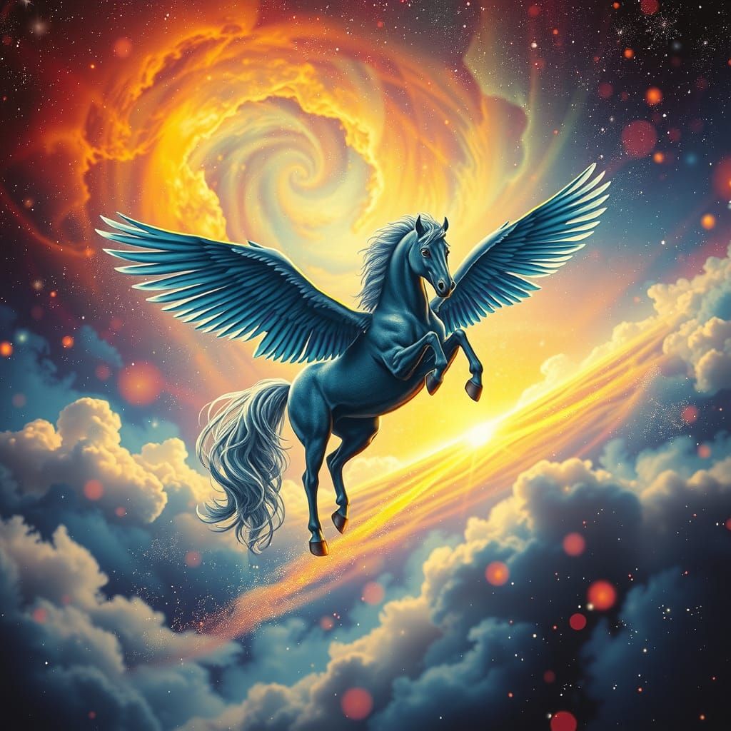 Winged Horse Soaring Through Vibrant Cosmos