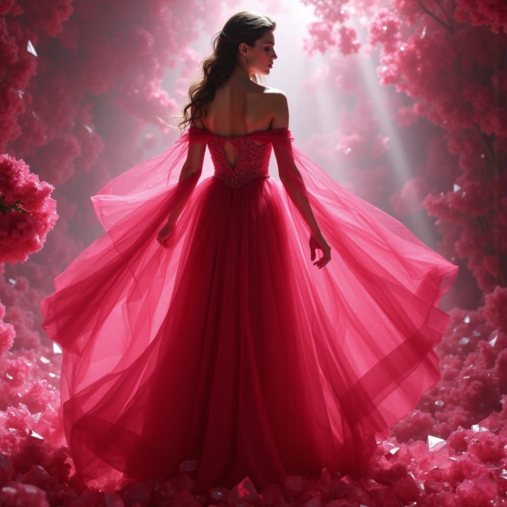 Woman in Liquid Ruby Gown with Ethereal Glow