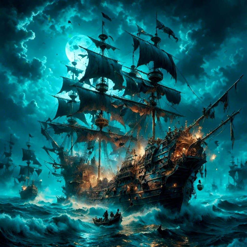 Blue Pirate Galleon Ship on the Sea