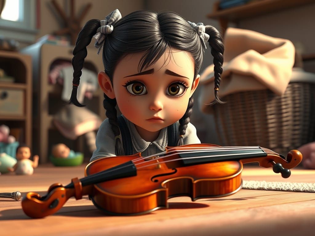 Sad Orthodox Jewish Girl with Pigtails Longs for Her Violin
