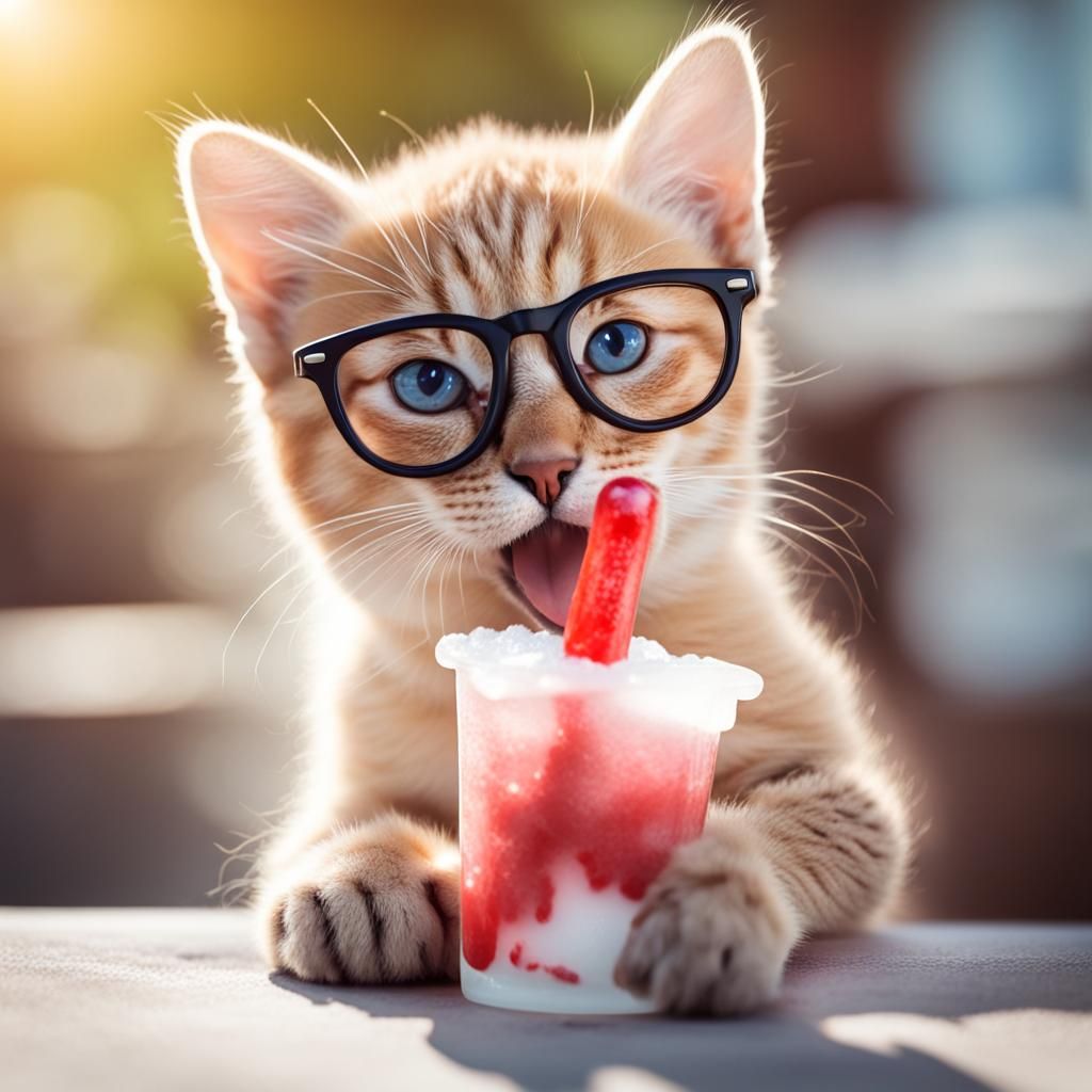 Kitten with Sunglasses Eating Ice Cream