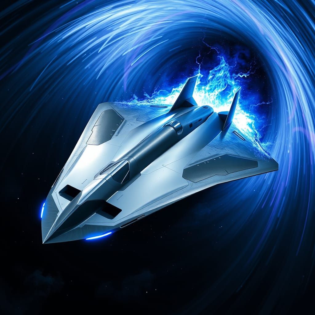 Sleek Spacecraft Emerges from Celestial Vortex in Metallic H...