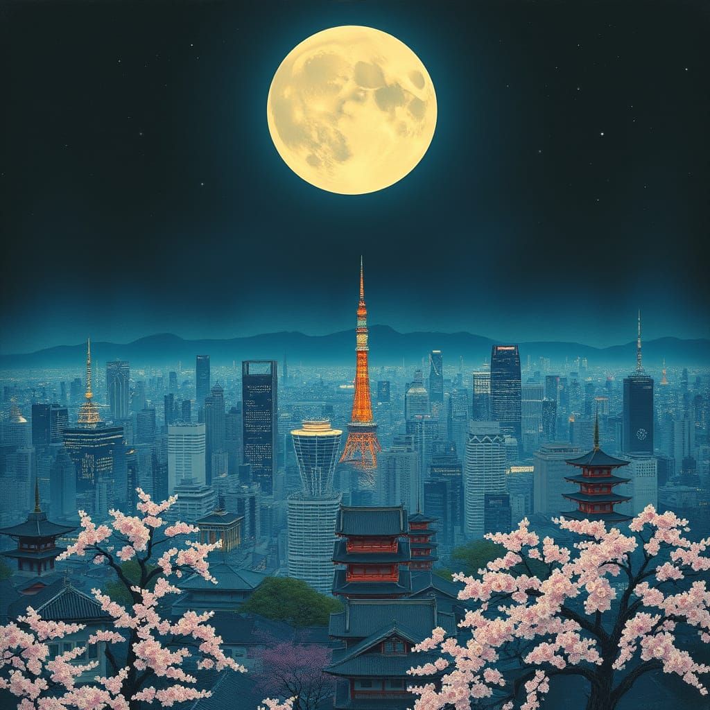Majestic Full Moon Over Tokyo Cityscape