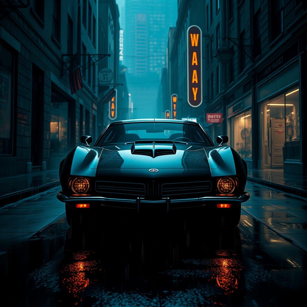 Futuristic Car in Noir Cityscape with Art Deco Elements