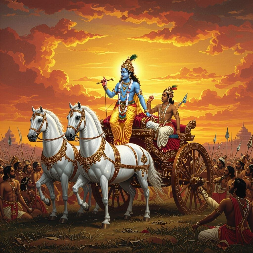 Krishna Delivers Geeta Updesh on Chariot, Epic Indian Painti...