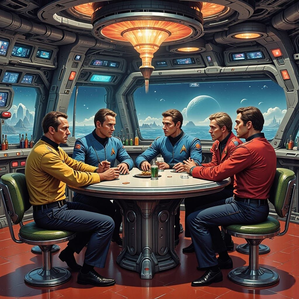 Sci-Fi Icons at Neon Bar in Space Station