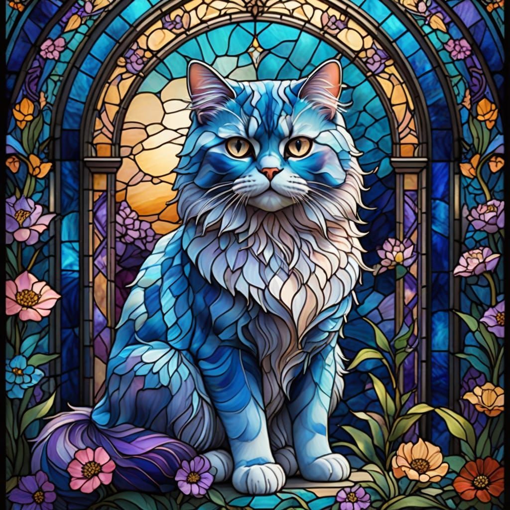 Elegant Art Nouveau Persian Cat in Stained Glass