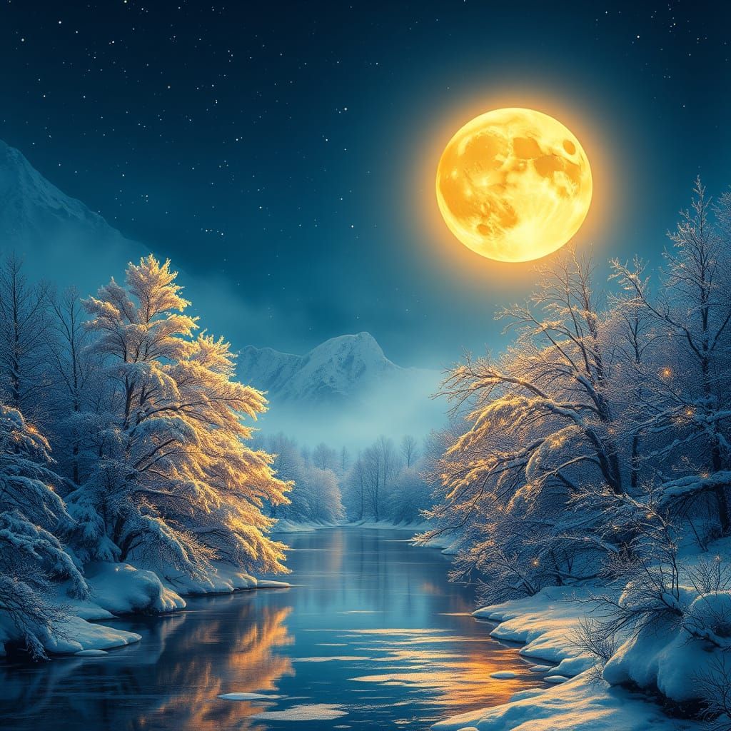 Magical Winter Night Landscape with Glowing Moon