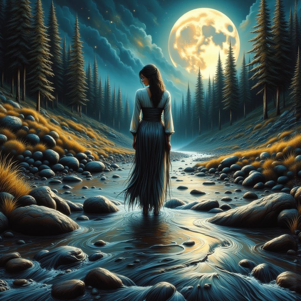 Native American Woman in Moonlit Creek
