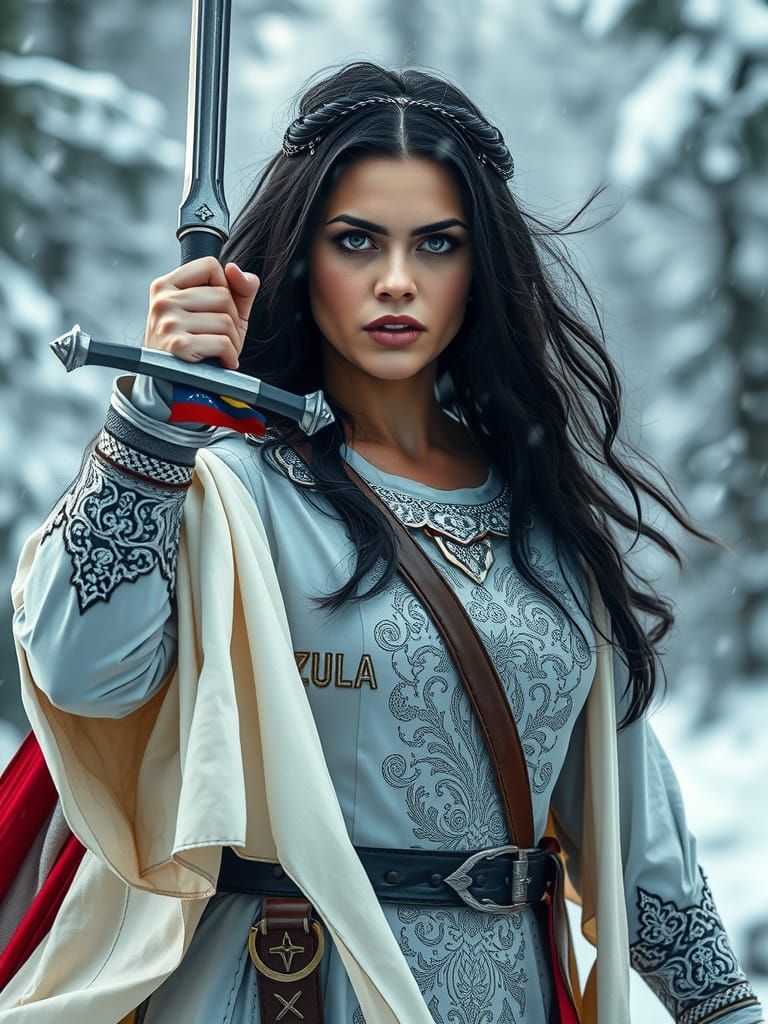 Venezuelan Woman Warrior in Snowy Forest, Hyperrealistic