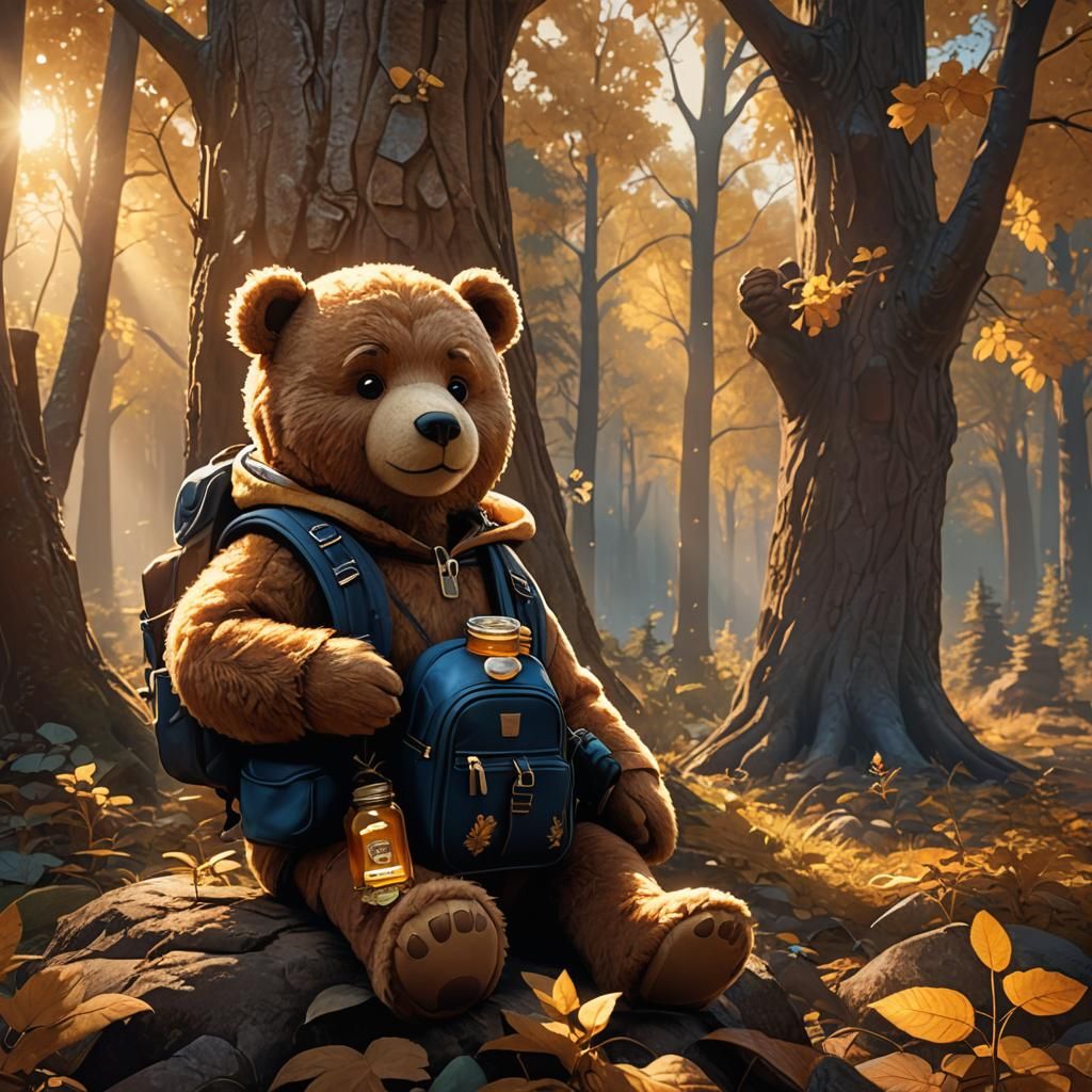 Teddy Bear with Honey in Golden Hour Lighting