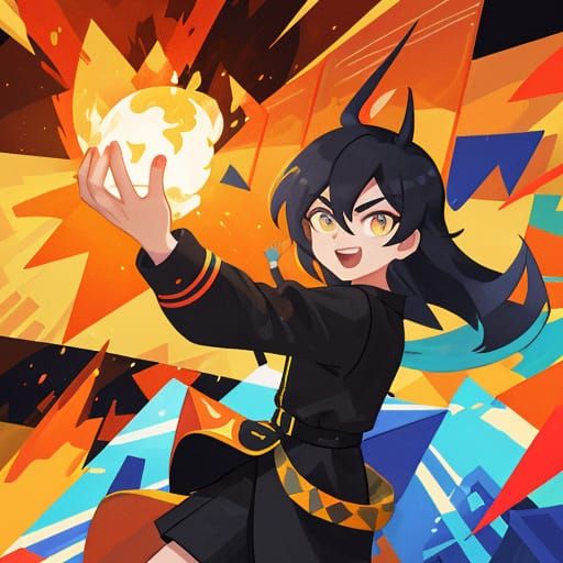 Boy with Fire Powers in Cubist Cityscape