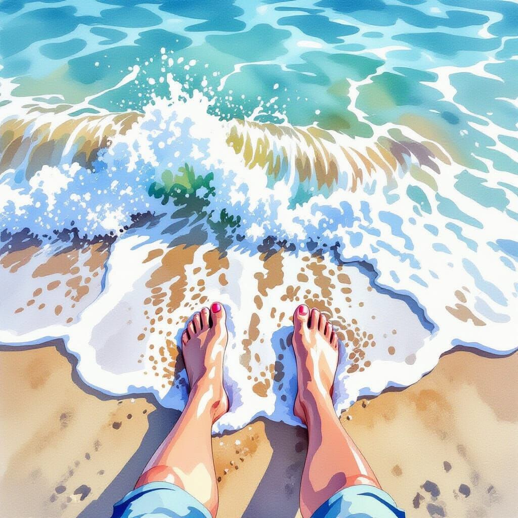 Waves Crash on Beach Feet in Watercolor Style