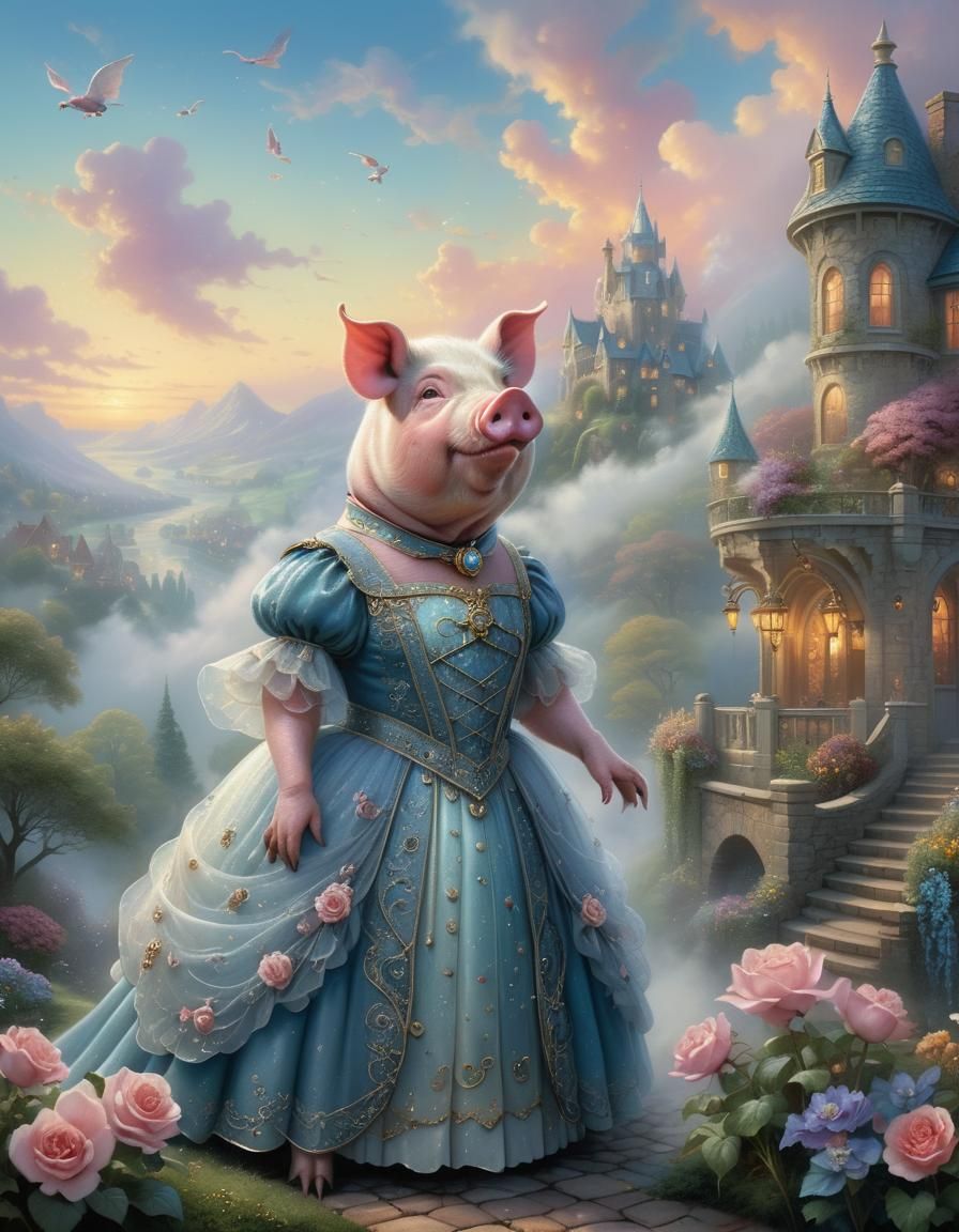 Anthropomorphic Pig in Ethereal Fantasy Gown