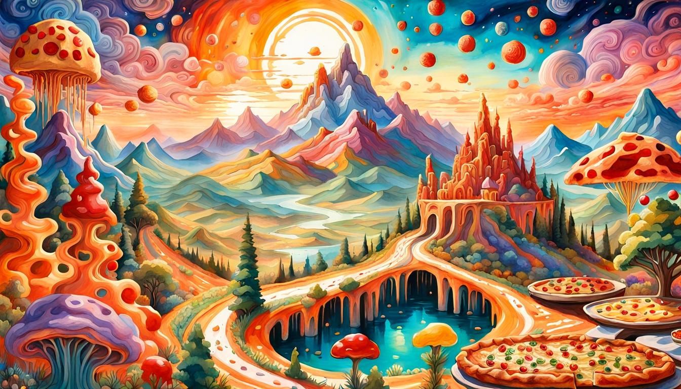 Edible Landscape Sunrise in Vaporwave Watercolour Style