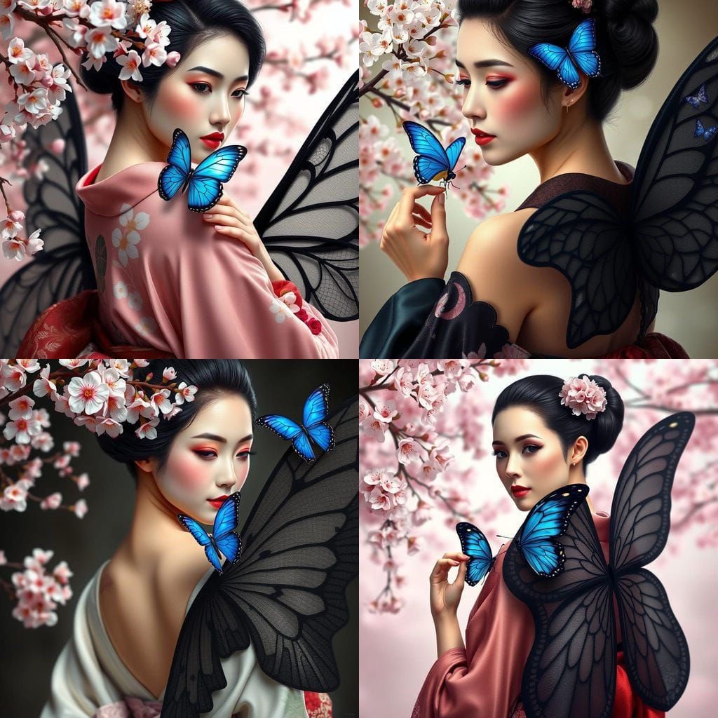 Geisha with Cherry Blossom and Lace Wings