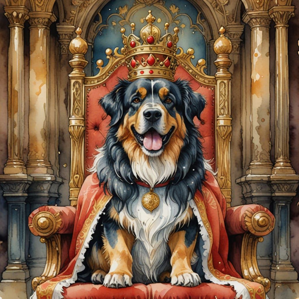 Dog King in Throne Room: Fairytale Watercolor Illustration