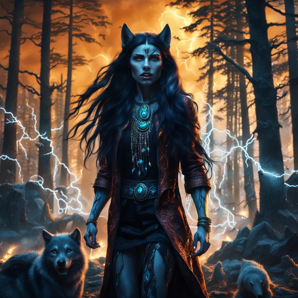 Striking Werewolf Woman with Lightning, Digital Painting
