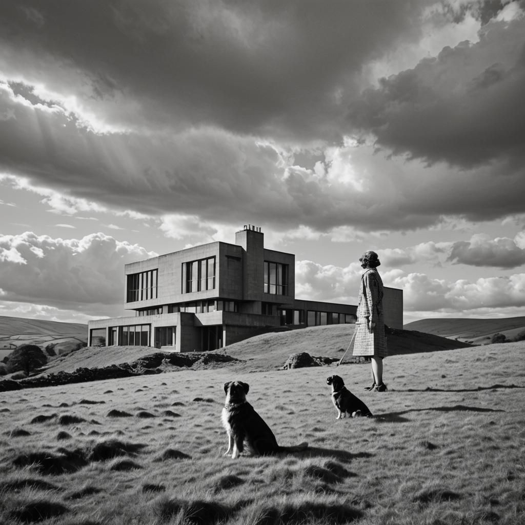 Brutalist House in Yorkshire Dales with Woman and Dog