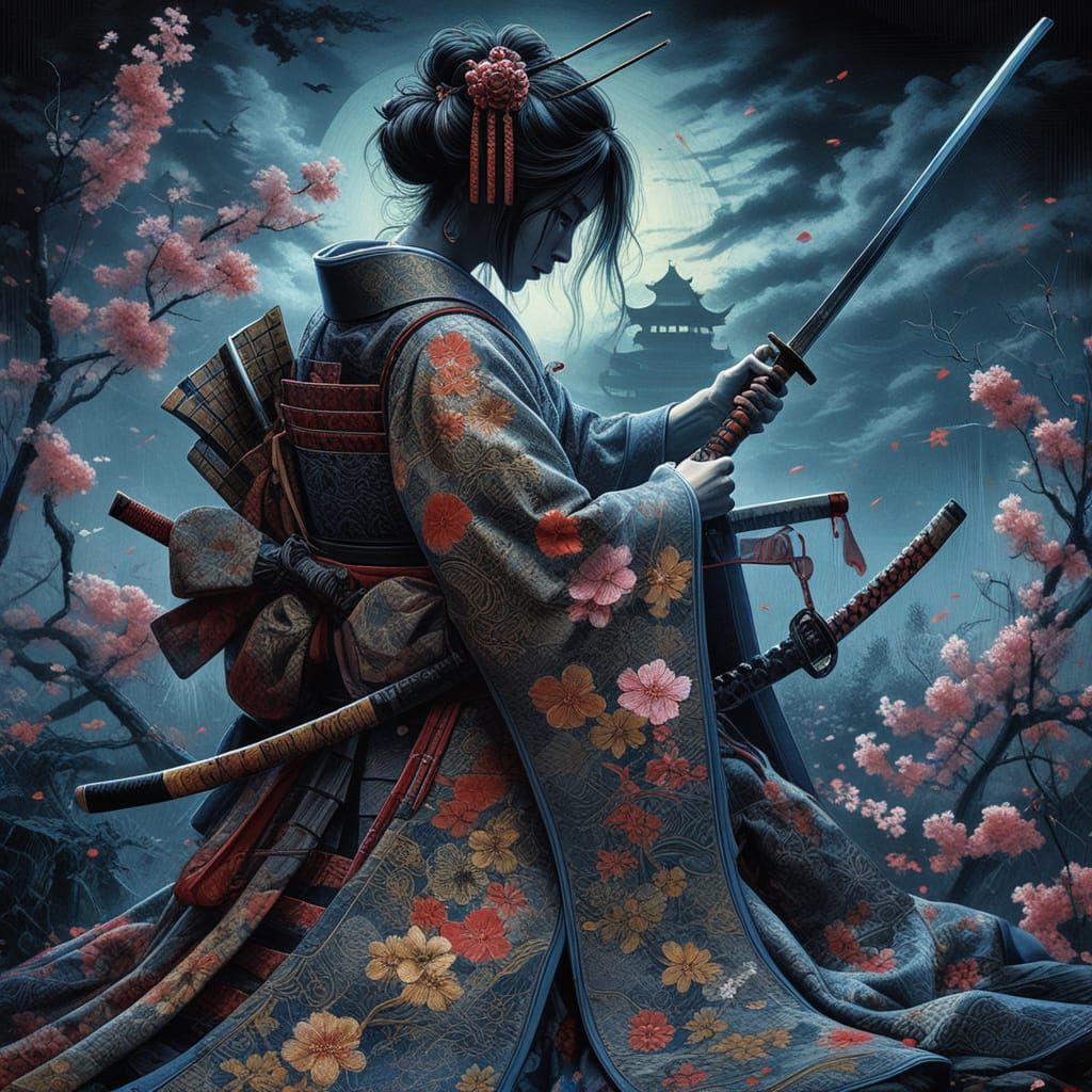 Mysterious Lady Warrior in Traditional Japanese Armor