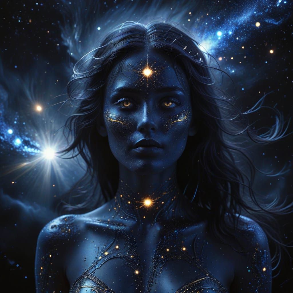 Surreal Goddess of Night Among Stars