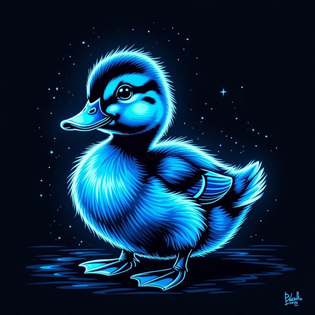 Neon Blue Cartoon Duckling Charcoal Drawing