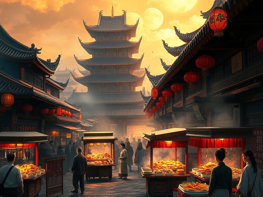 Ancient Chinese Street Food Scene in Vibrant, Golden-Light
