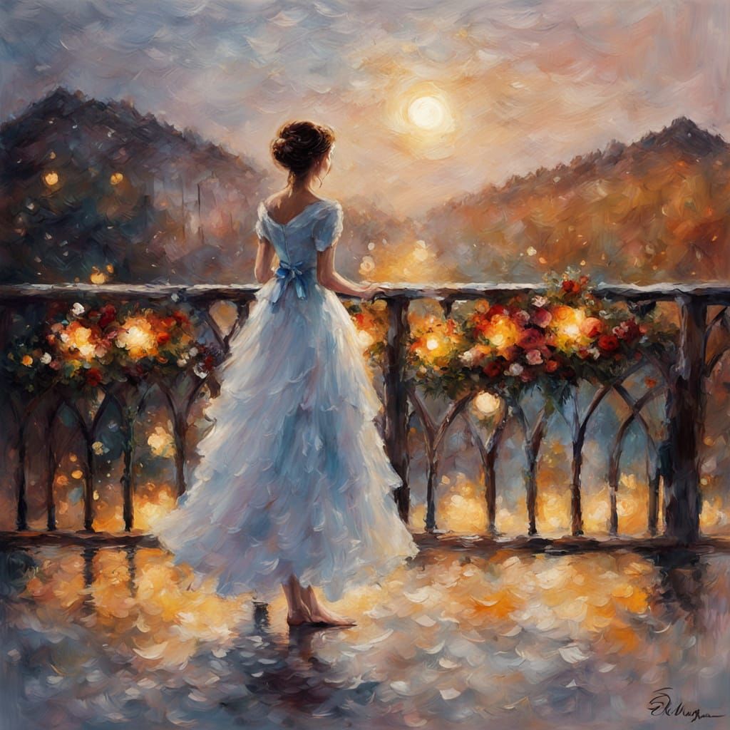 Woman Gazing at Starry Night Sky on Parisian Balcony