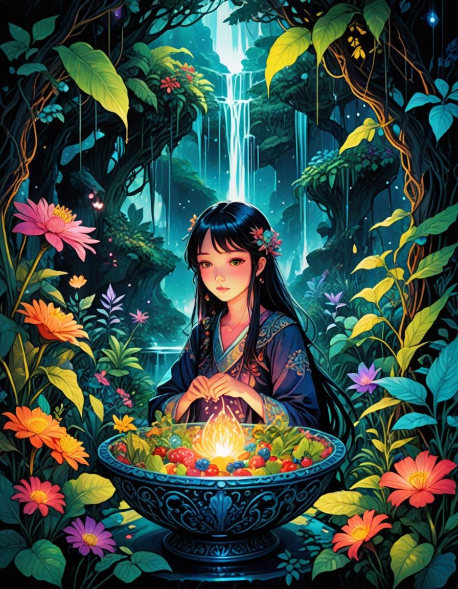 Enchanted Jungle Waterfall in Crystal Bowl