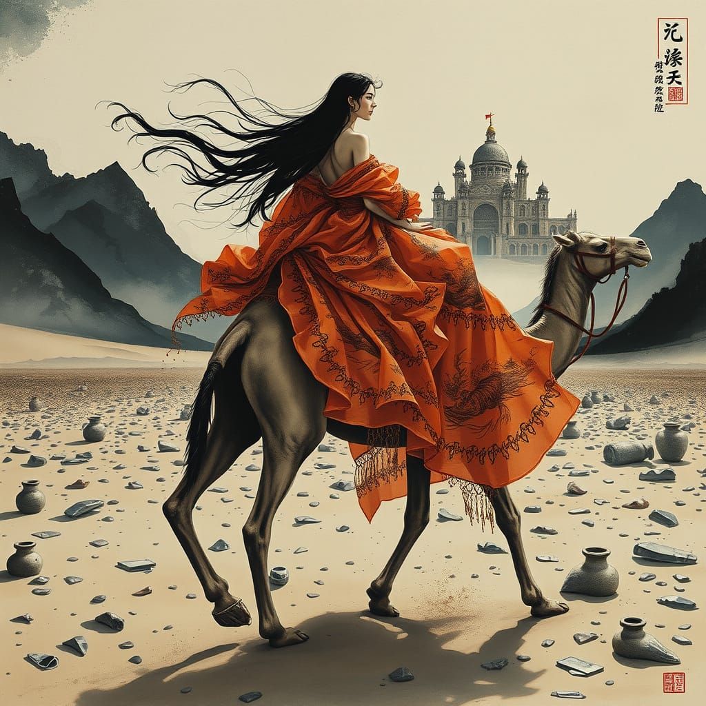 Elegant Lady Godiva Rides Majestic Camel Through Desert of S...