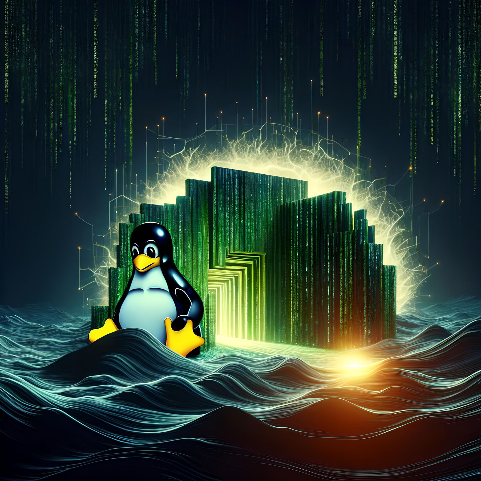 Linux Penguin Hacking the Matrix in Hyperrealism