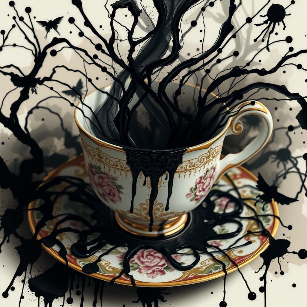 Ornate Teacup with Shadows, Gothic Futurism