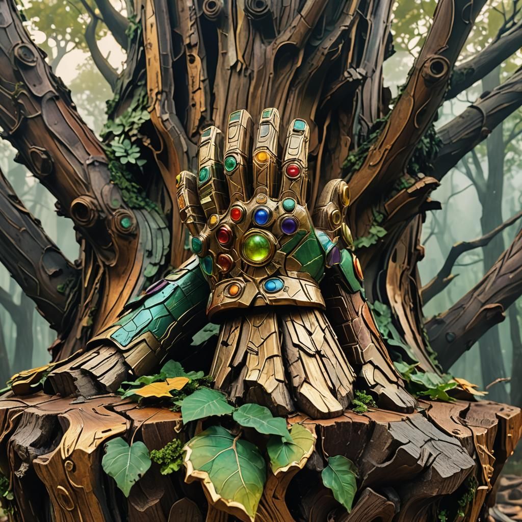 Tree Gauntlet on Pedestal in Comic Book Art Style