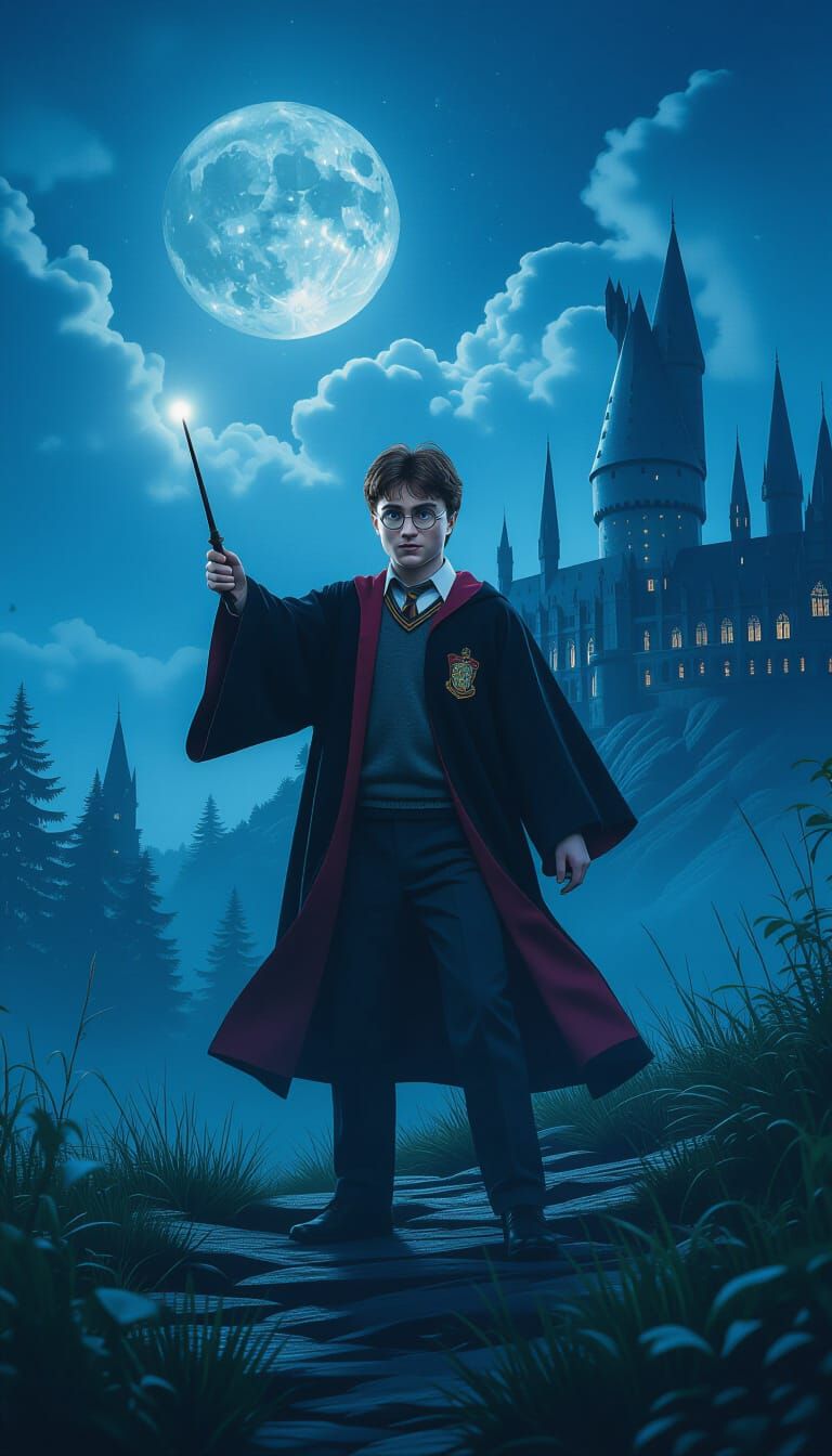 Harry Potter in Mystical Moonlight, Cinematic Matte Painting