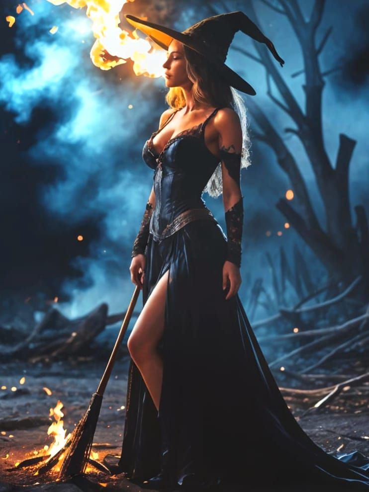 Alluring Witch at Night with Fiery Ground Illumination
