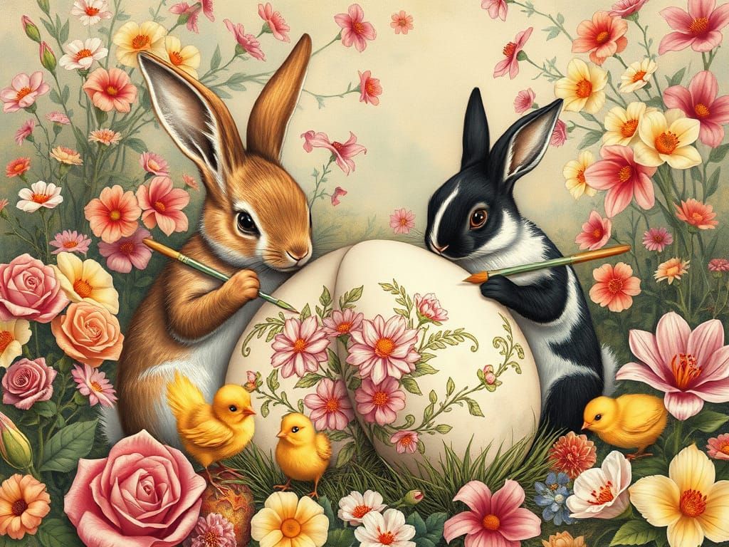 Whimsical Easter Scene with Bunnies Painting Eggs