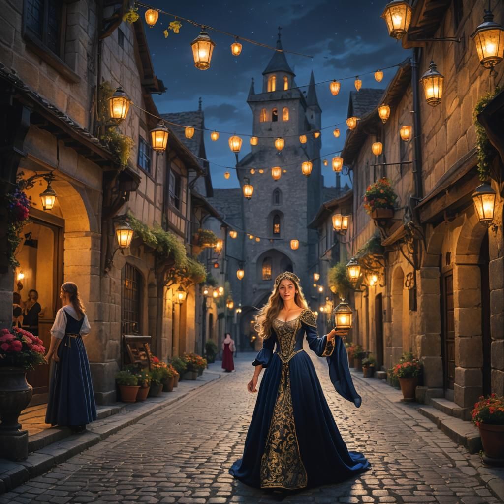 Medieval Village Night Scene with Lanterns