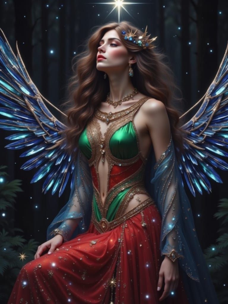 Christmas Angel in Blue Glass Wings and Starry Glow