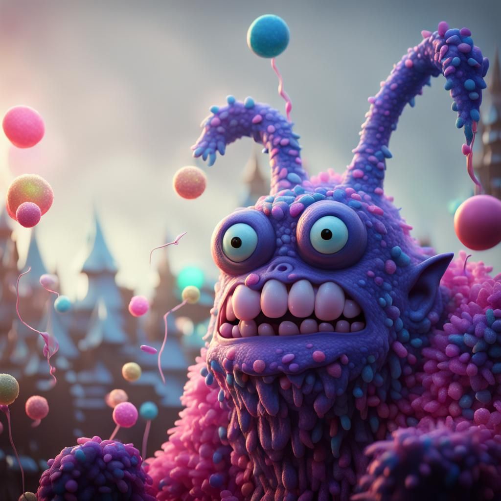 Luminescent Candy Monster in Disney Pixar Style