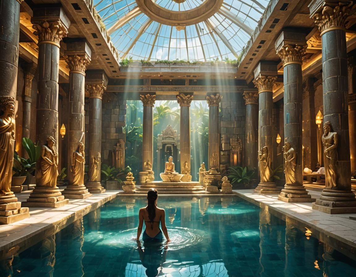 Woman Bathes in Atlantean Temple with Crystals