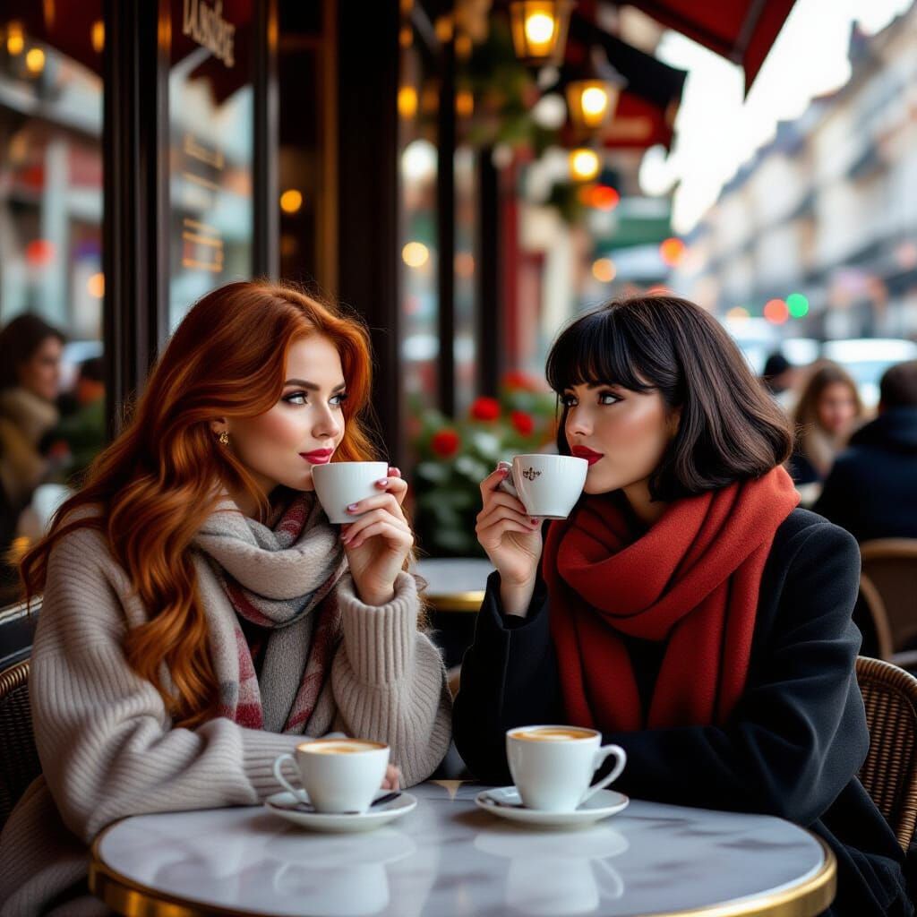 Romantic Autumn Cafe Scene: Two Women Enjoying Coffee in Ita...