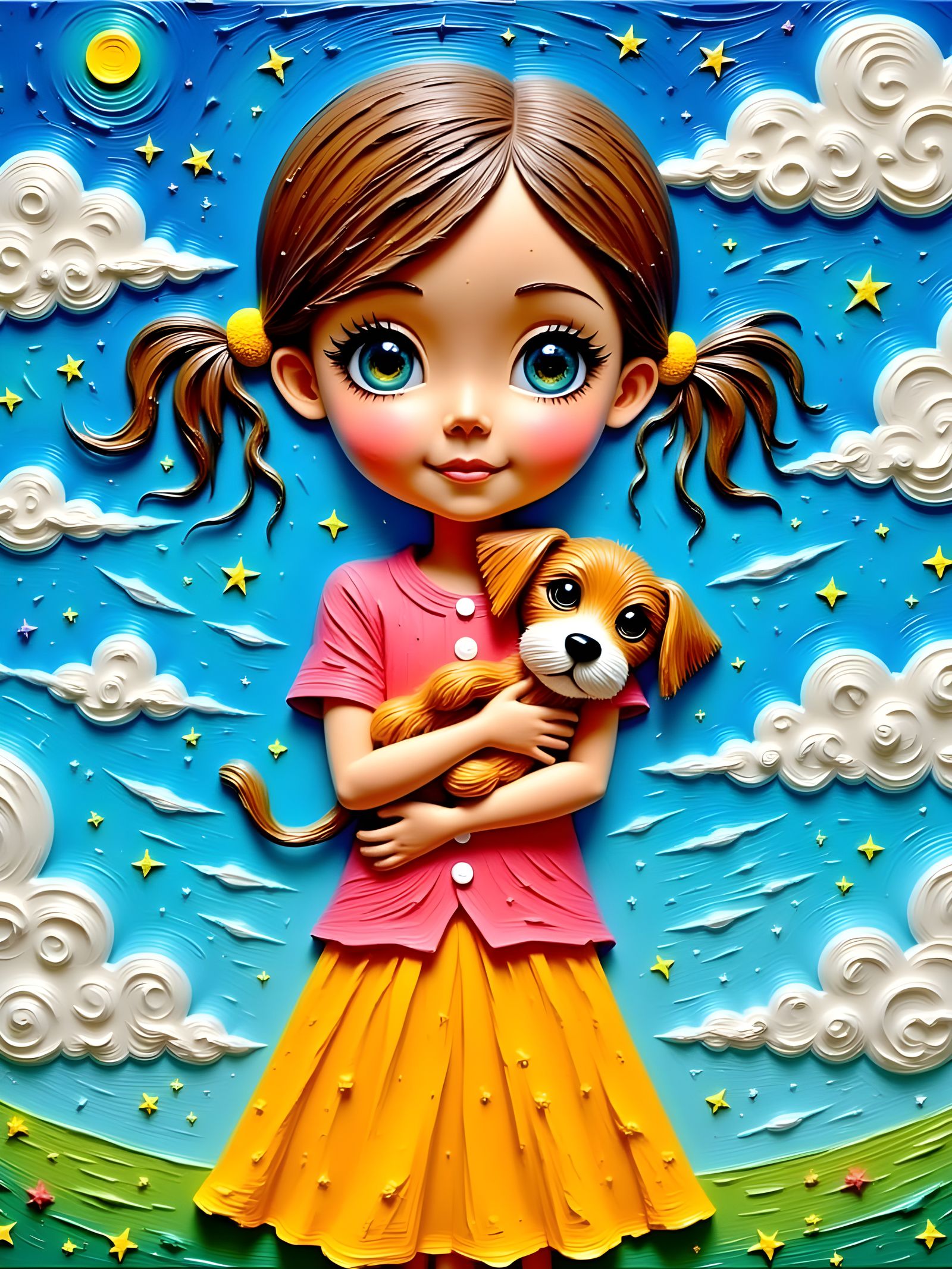 Joyful Girl with Puppy in Vibrant Impasto Style
