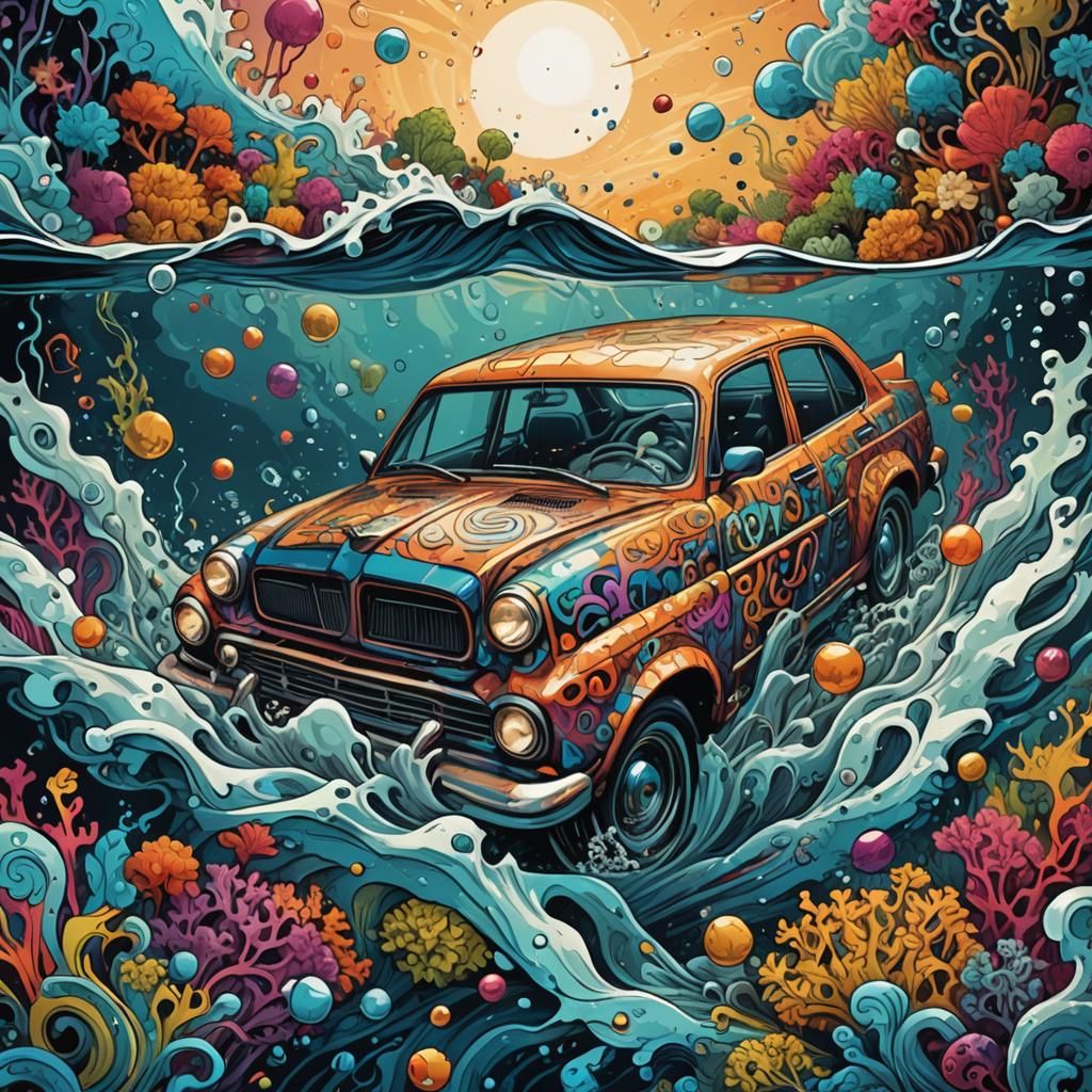 Surreal Car Underwater in Abstract Graffiti Art Style