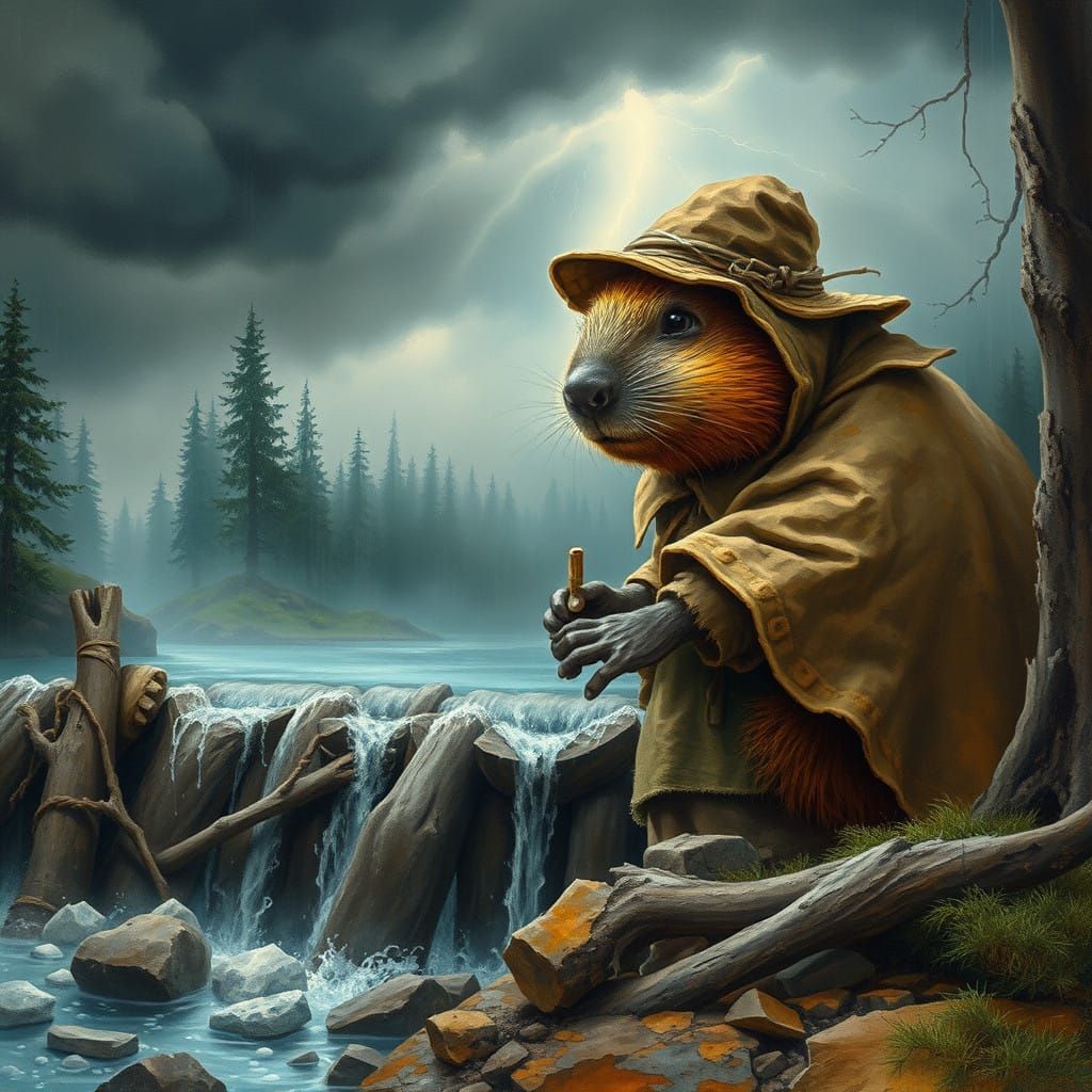 Beaver Crafts Dam in Stormy Forest Landscape