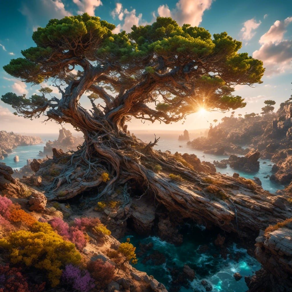 Juniper Tree Spans Rocky Gorge in Photo Realistic Style